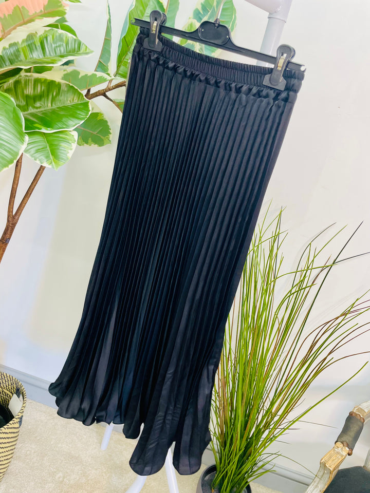 LADIES SATIN PLEATED MAXI SKIRT - BLACK, BURGUNDY, BROWN & CHAMPAGNE