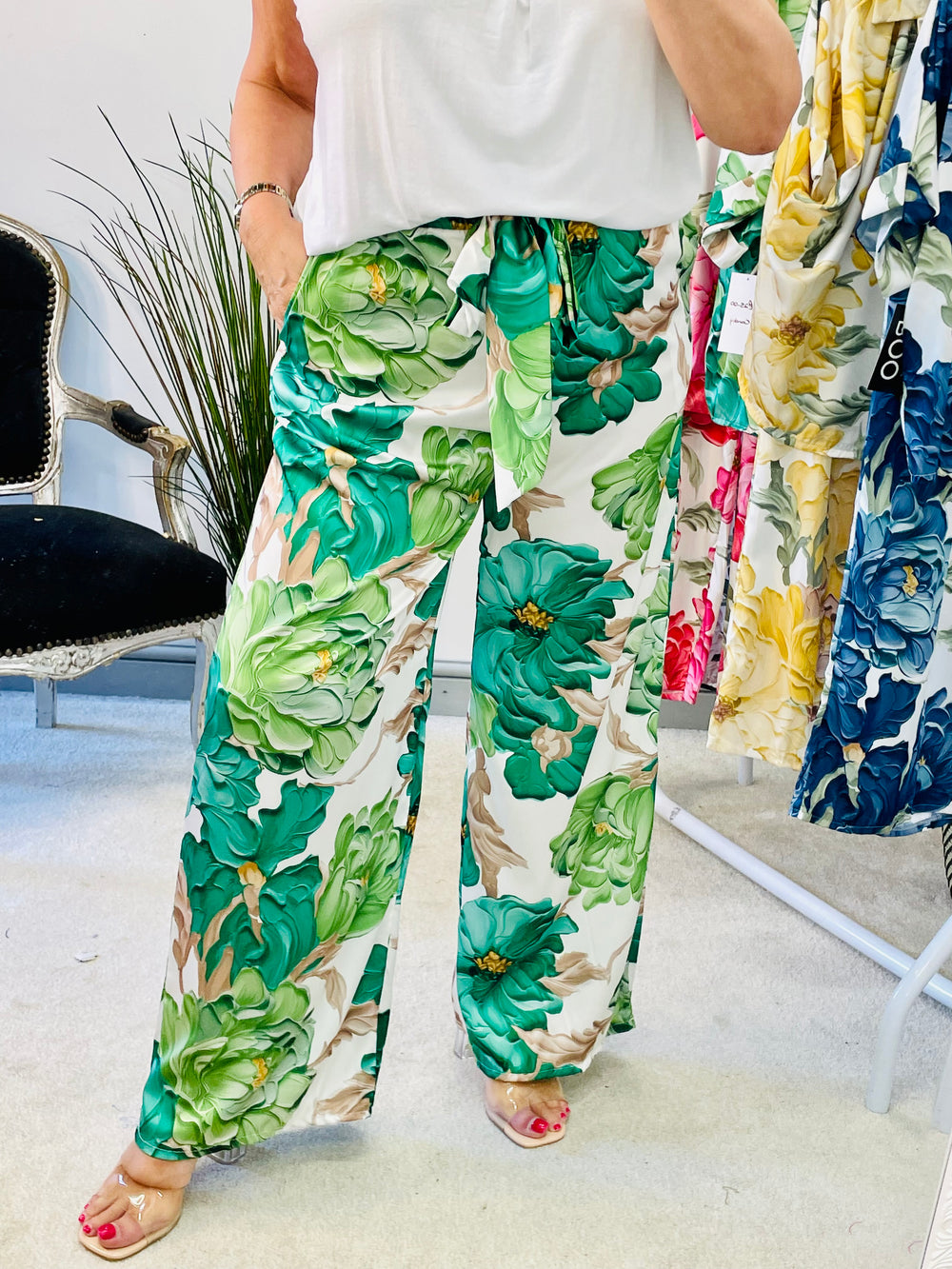 LADIES FLORA PRINT SATIN WIDE LEG PALAZZO TROUSERS - PINK, NAVY, GREEN, BLACK, YELLOW