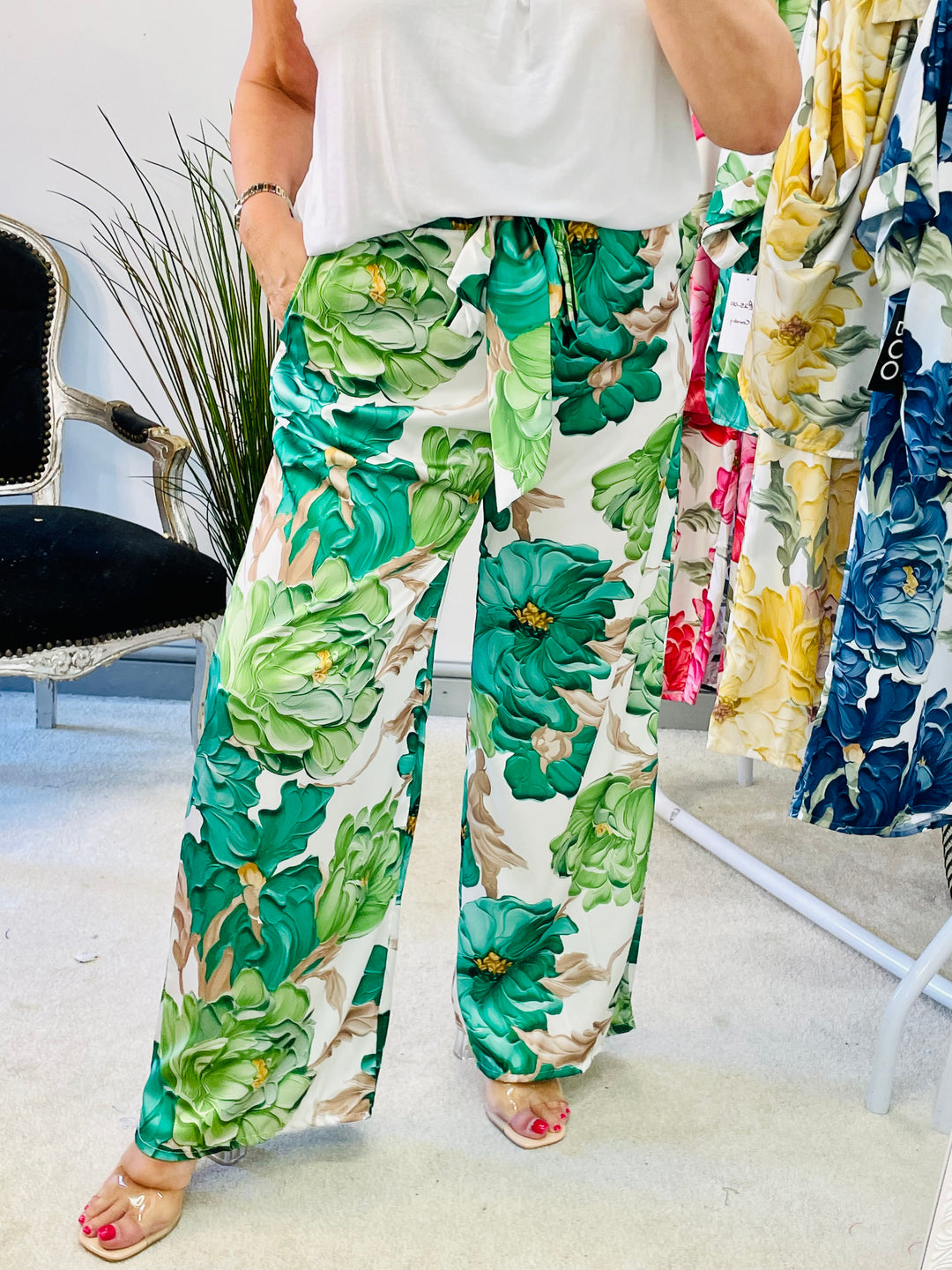 LADIES FLORA PRINT SATIN WIDE LEG PALAZZO TROUSERS - PINK, NAVY, GREEN, BLACK, YELLOW