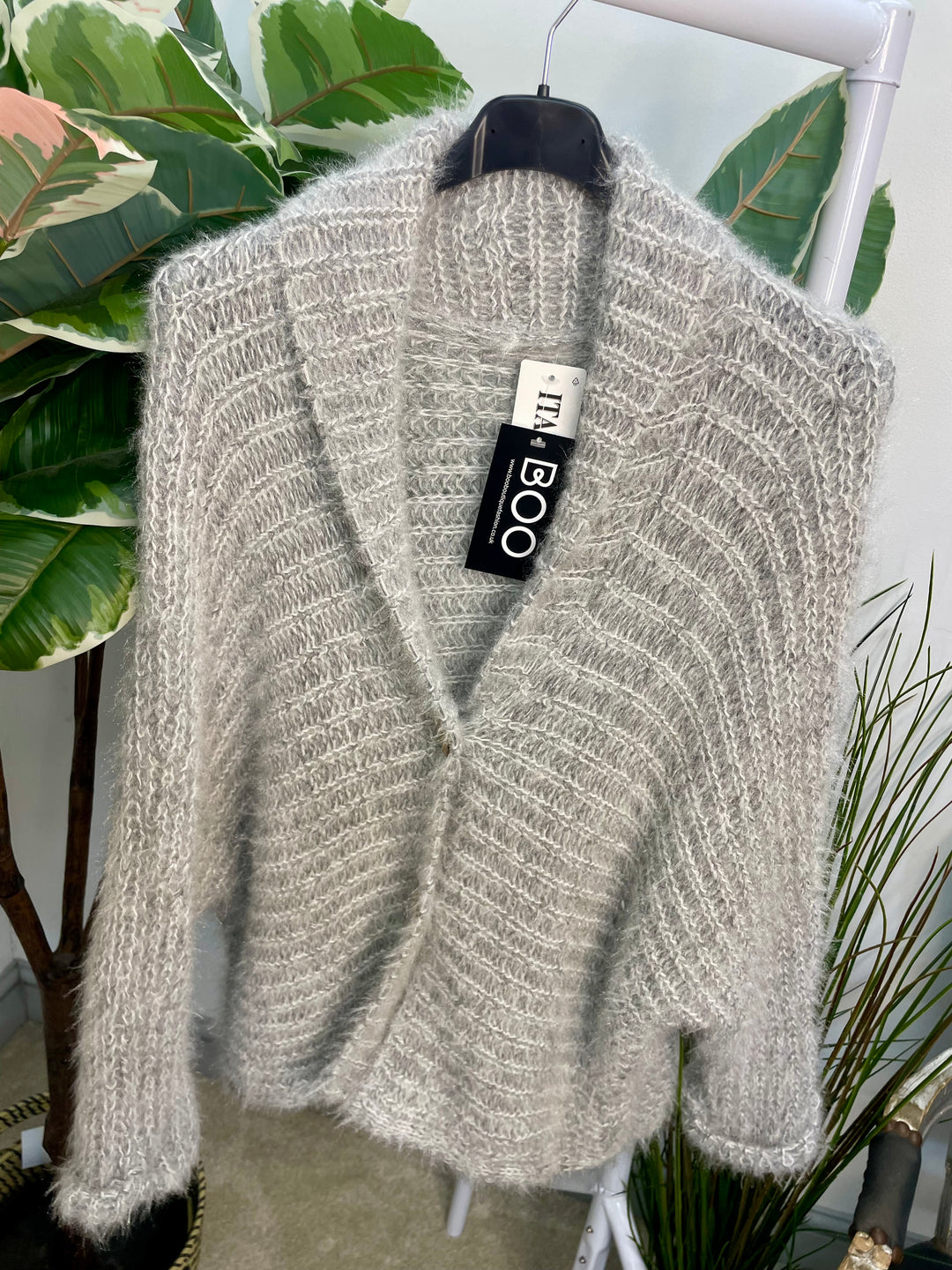 LADIES FLUFFY KNIT CARDIGAN - KHAKI, NAVY, GREY, BLACK, BEIGE, BROWN