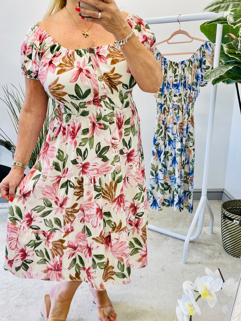 LADIES SUMMER FLORAL PRINT BARDOT MIDI DRESS - PINK & BLUE