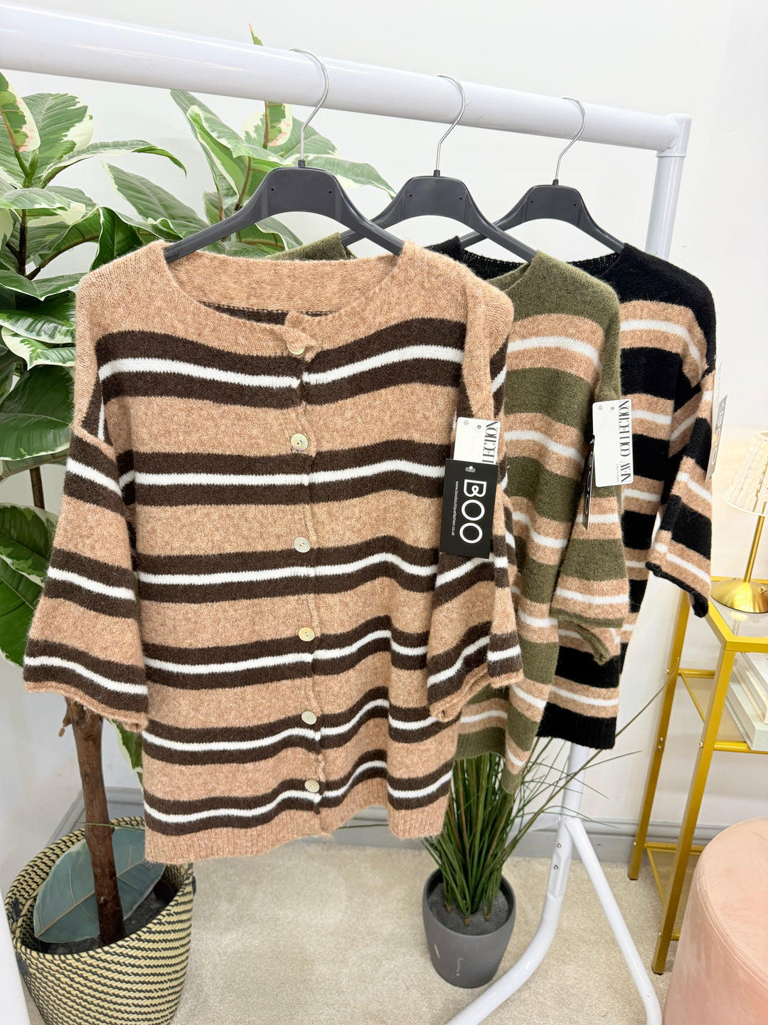 Ladies Fashion Stripe Short Sleeve Cardigan Jumper - Khaki, Camel & Black