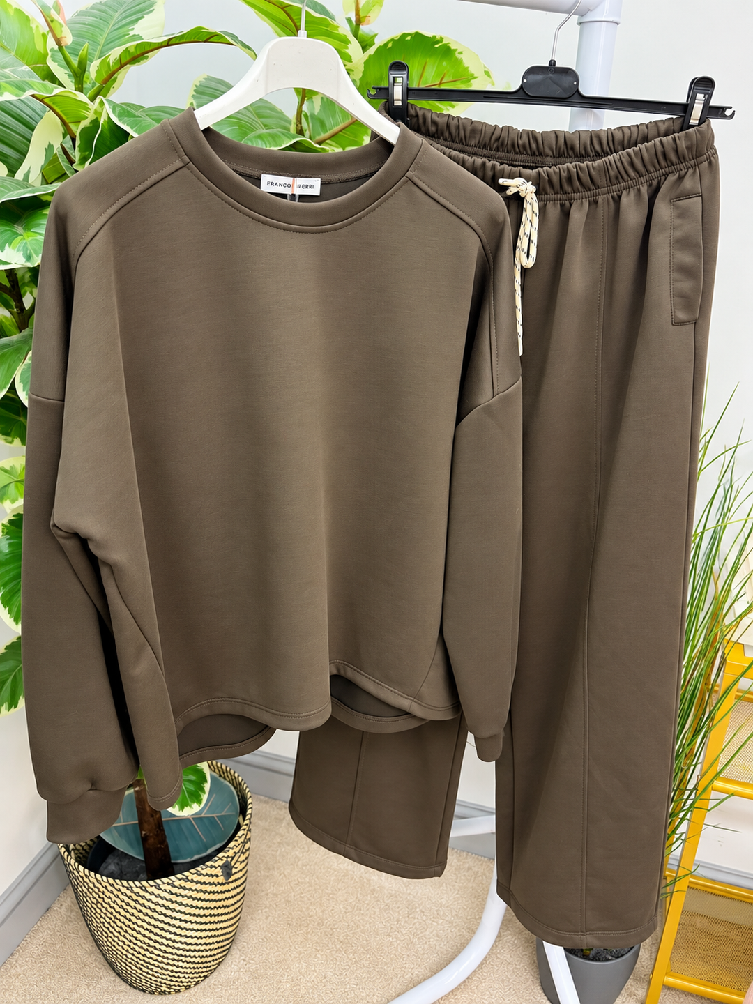 Womens fashion scuba trouser two piece co ord set - navy, black, khaki & brown