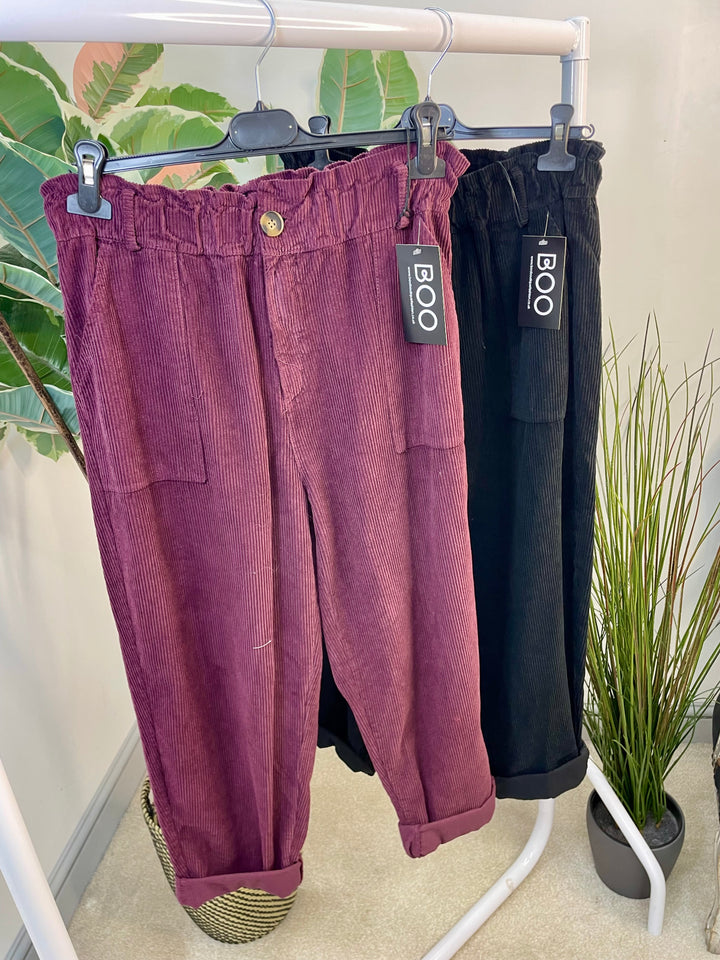 LADIES TRENDY BAGGY CORD TROUSERS - BLACK & PLUM