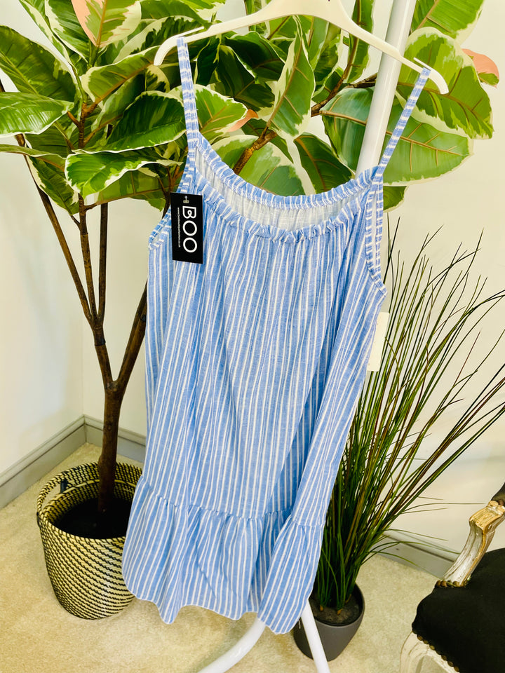 LADIES COTTON PINSTRIPE SUMMER SUN DRESS - PINK, GREY, BLUE, KHAKI, MOCHA