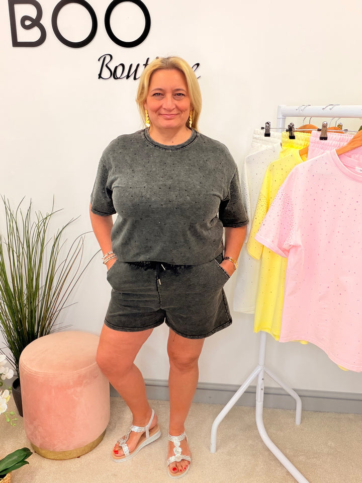 Ladies Fashion Sparkly Sweatshirt Shorts Co Ord Set - Pink, White, Charcoal & Lemon