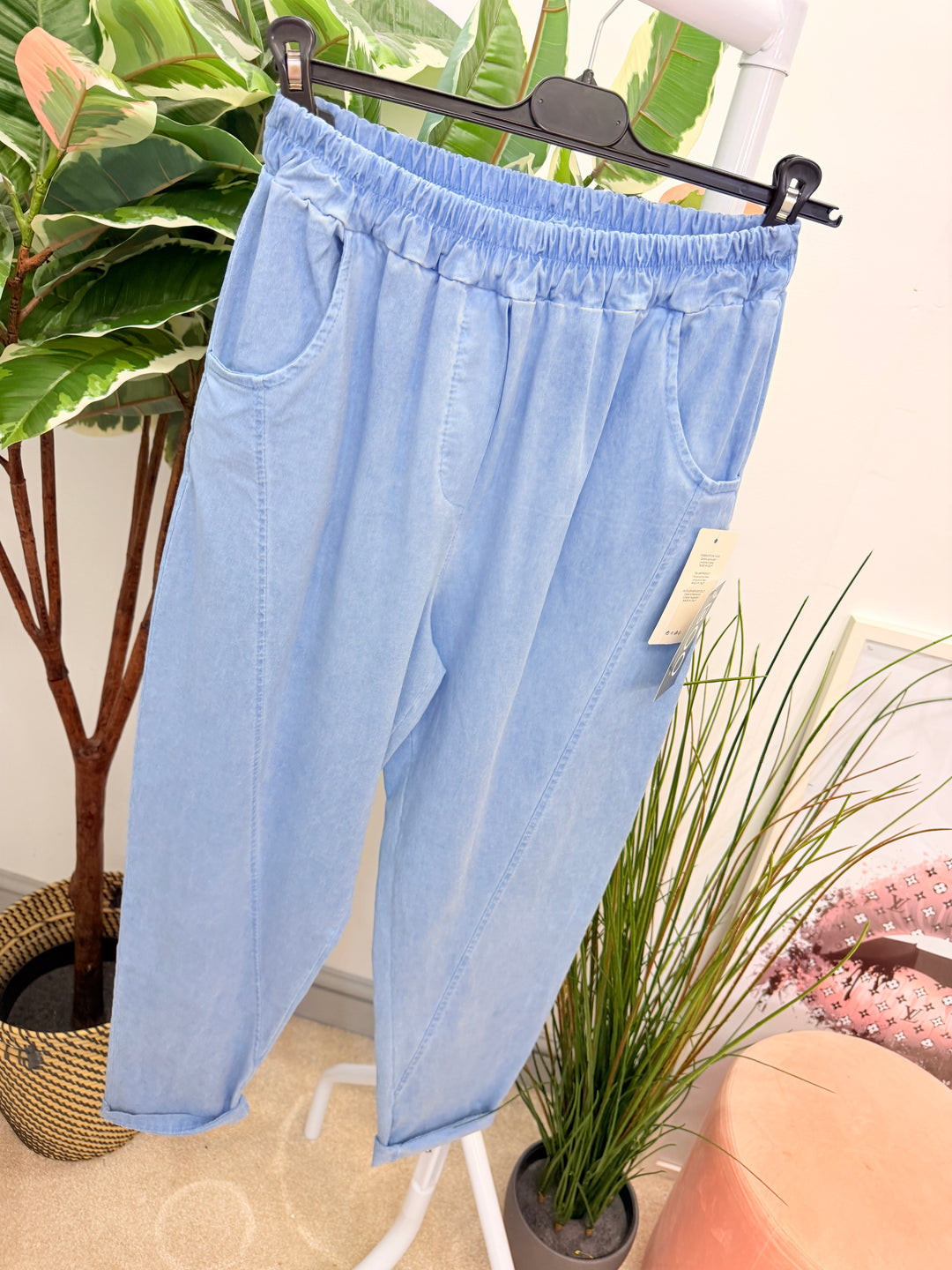 Ladies Fashion Stretch Balloon Leg Magic Trousers - White, Khaki, Denim & Lime
