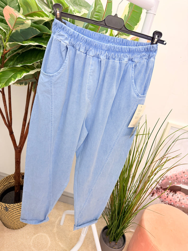 Ladies Fashion Stretch Balloon Leg Magic Trousers - White, Khaki, Denim & Lime