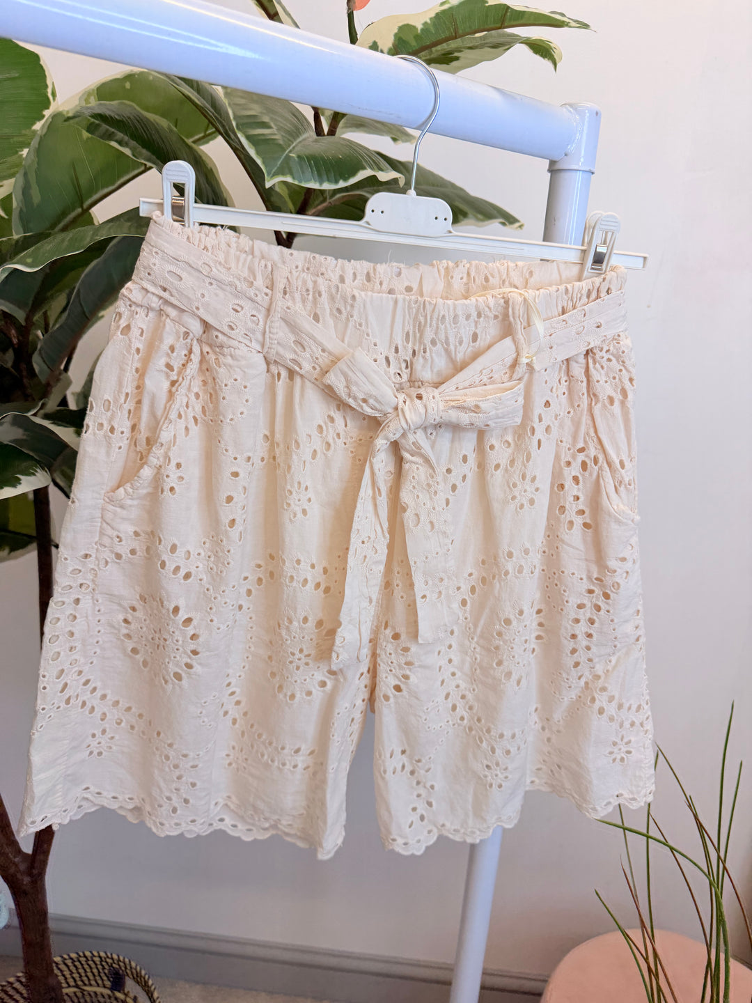 Ladies Broderie Anglaise Cotton Shorts - Brown, White, Coral, Khaki, Black & Beige