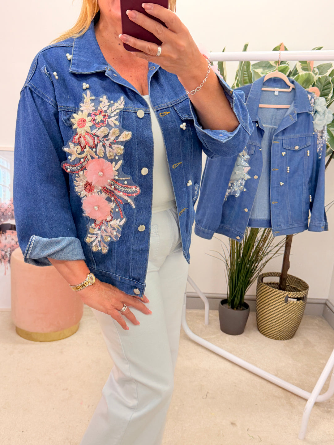 Ladies Blue Denim Applique Flower & Pearl Jacket - Pink & Mint
