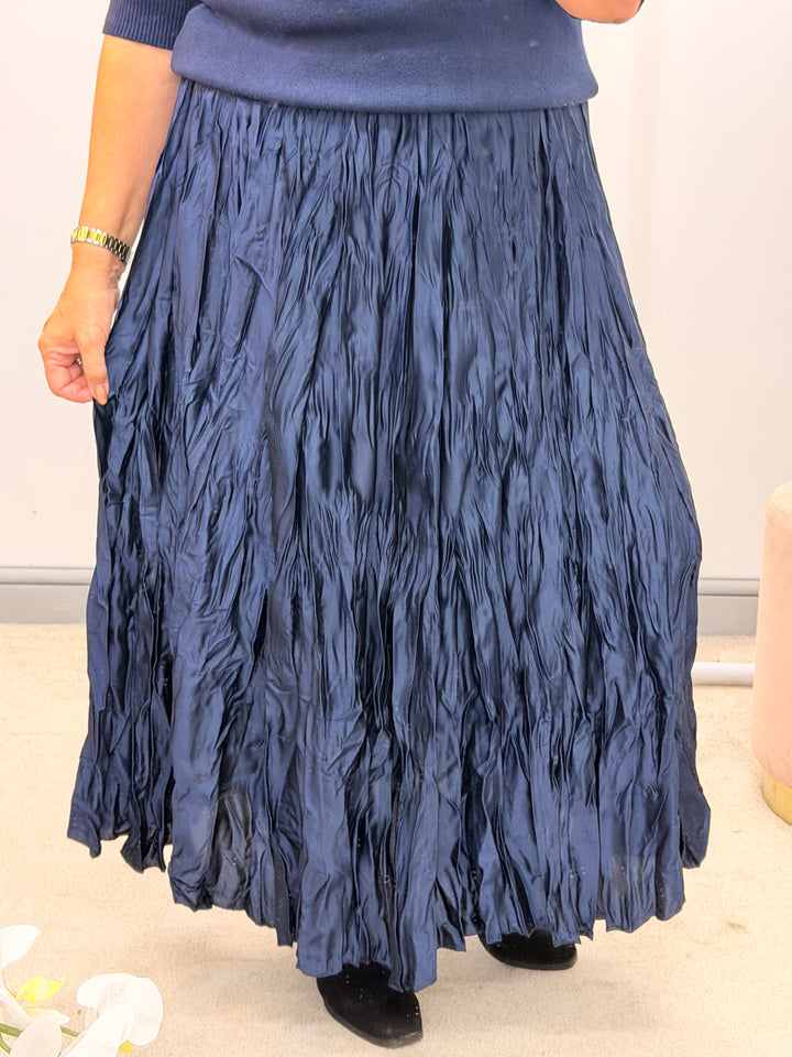 Ladies Fashion Satin Crinkle Maxi Skirt - Black, Navy, Brown, Khaki & Lime
