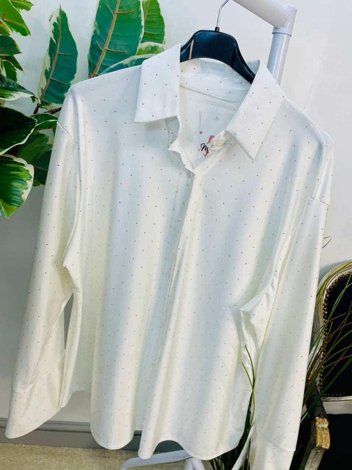 LADIES SPARKLY STRETCH BLOUSE SHIRT - WHITE, BLACK, CHAMPAGNE