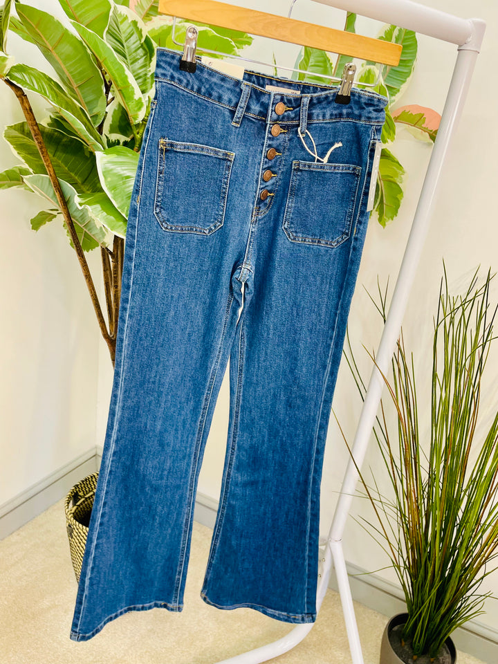 LADIES DARK DENIM HIGH WAIST FLARED LEG JEANS