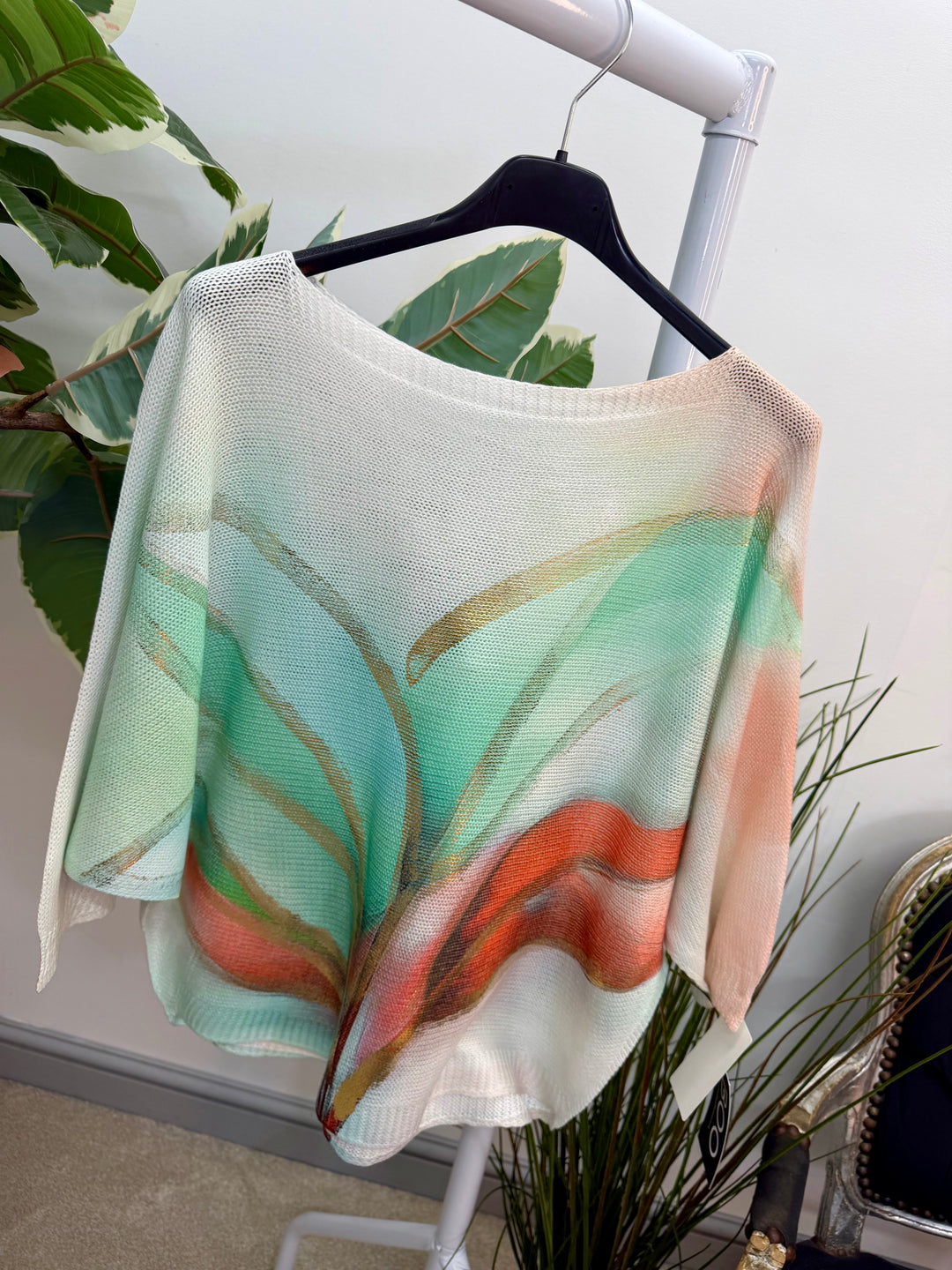 LADIES WHITE BATWING SLEEVE JUMPER - KHAKI, BLUE & GREEN