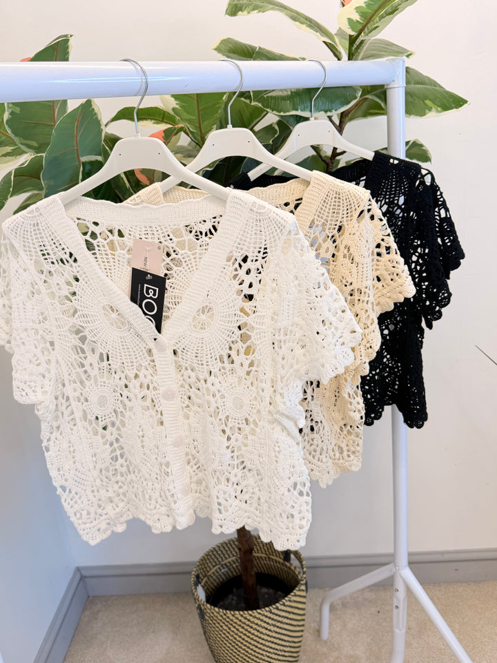 Ladies Crochet Bolero Cardigan - Beige, Black & White