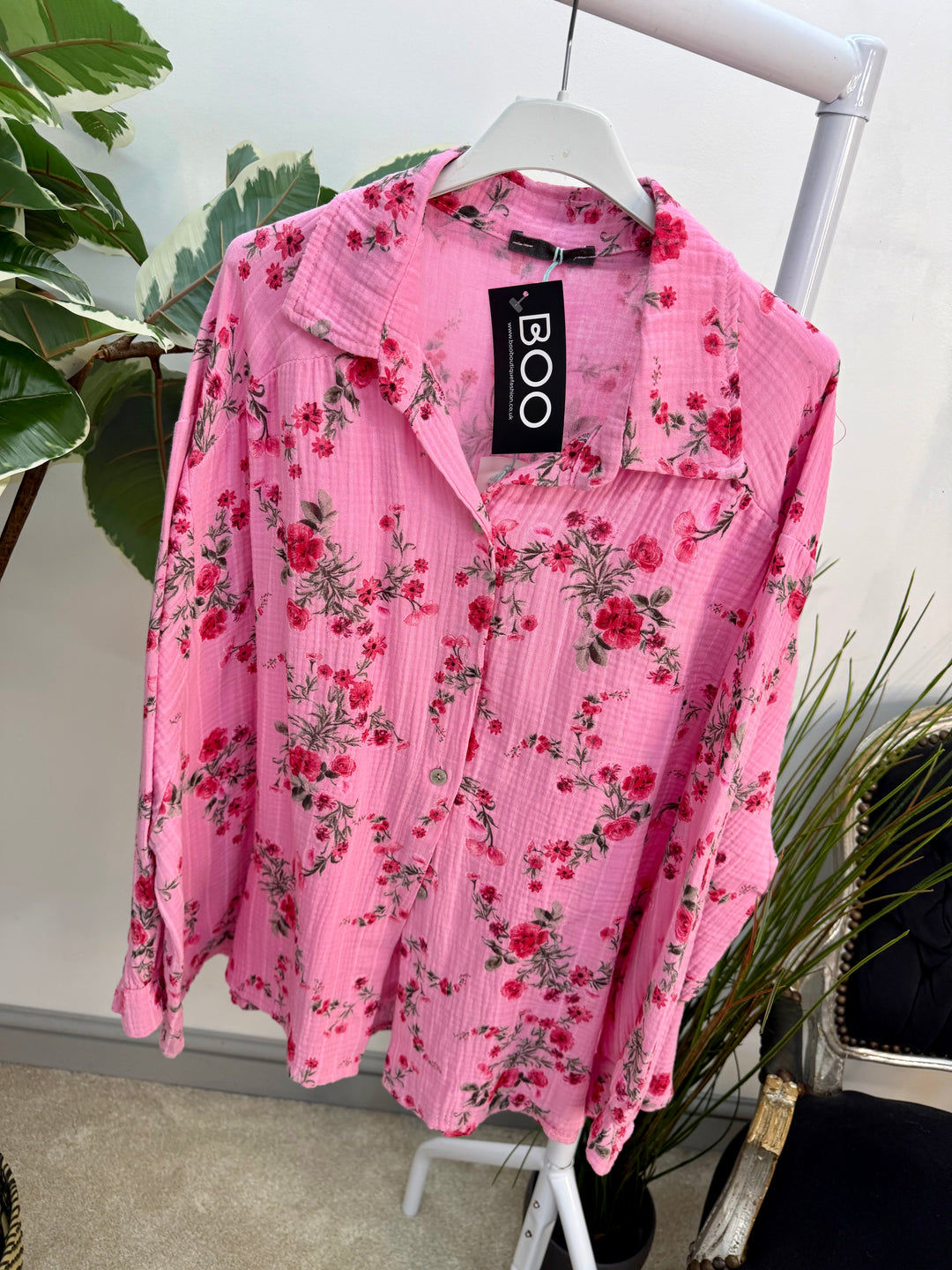 Ladies Fashion Pink Cheesecloth Long Sleeve Blouse Top