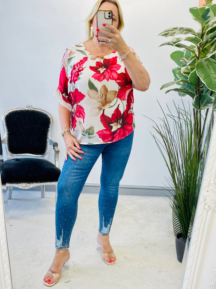 LADIES FLOWER PRINT CHIFFON SUMMER TOP - RED, BLUE, BLACK