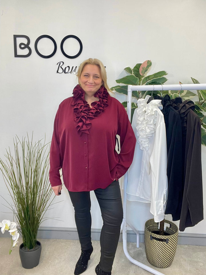 LADIES RUFFLE FRILL BLOUSE SHIRT - WHITE, BLACK, BROWN & BERRY