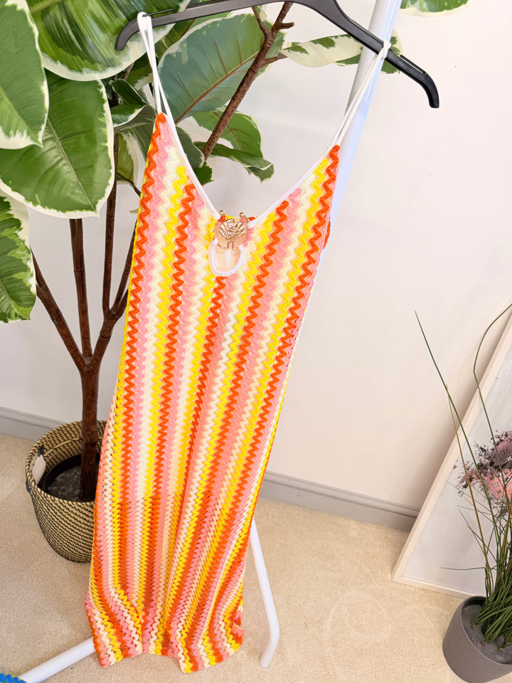 Ladies Fashion Crochet Summer Maxi Dress - Red, Yellow, Orange & Green