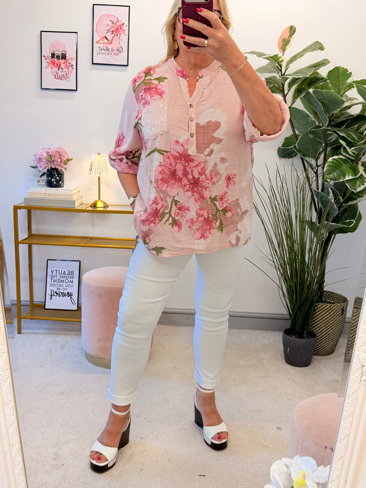 Ladies Light Linen Flower Print Grandad Top Shirt - White, Lemon, Blue & Pink