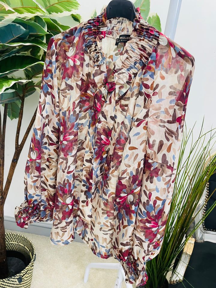 LADIES LEAF PRINT HIGH NECK BLOUSE - BEIGE, BROWN, TEAL