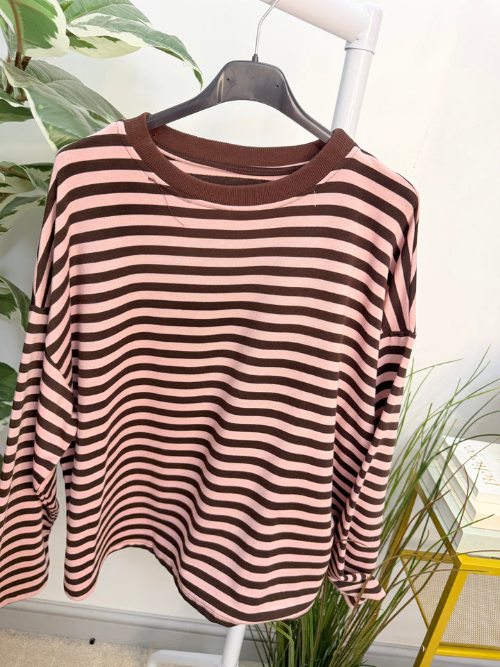 Women’s Stripe Long Sleeve Slouch Top - Wine, Navy, Pink, Brown