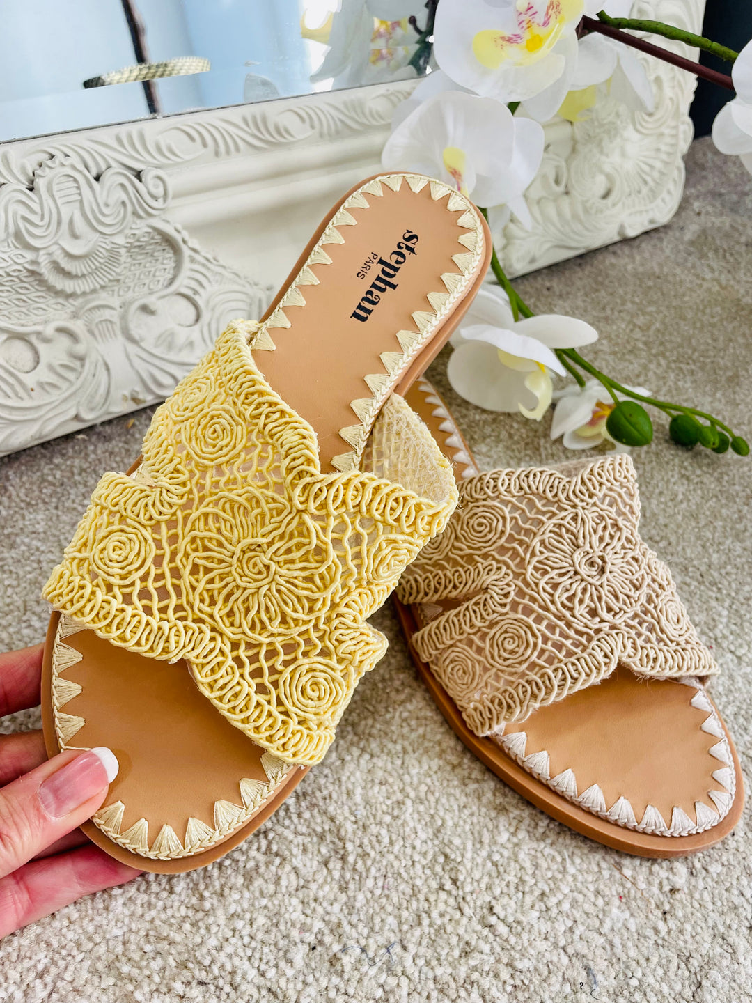 LADIES WOMENS CROCHET SLIDER SANDALS SHOES - YELLOW & BEIGE