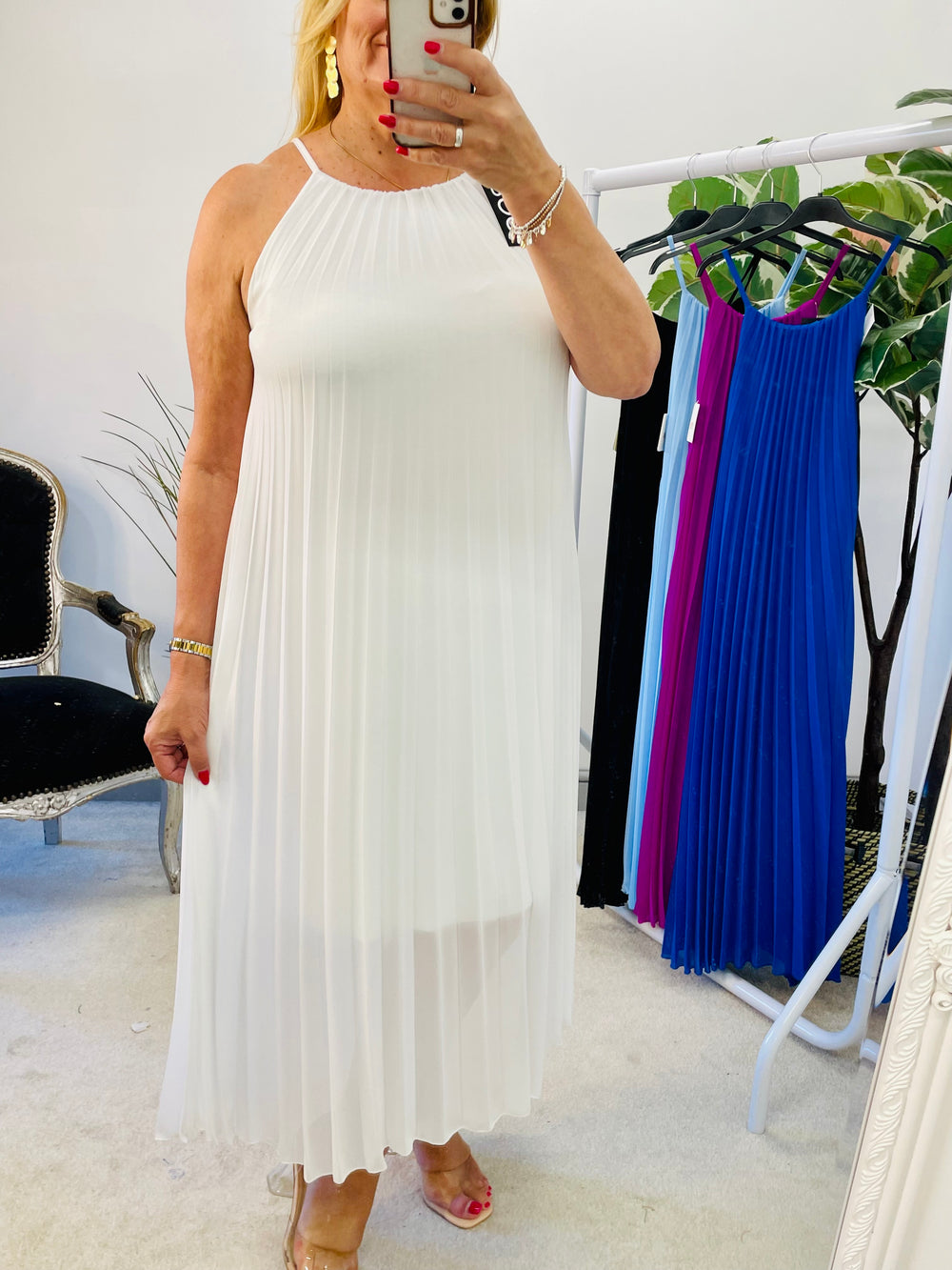 LADIES CHIFFON PLEATED SUMMER MAXI DRESS - BLACK, WHITE, ROYAL BLUE, MAGENTA, PALE BLUE