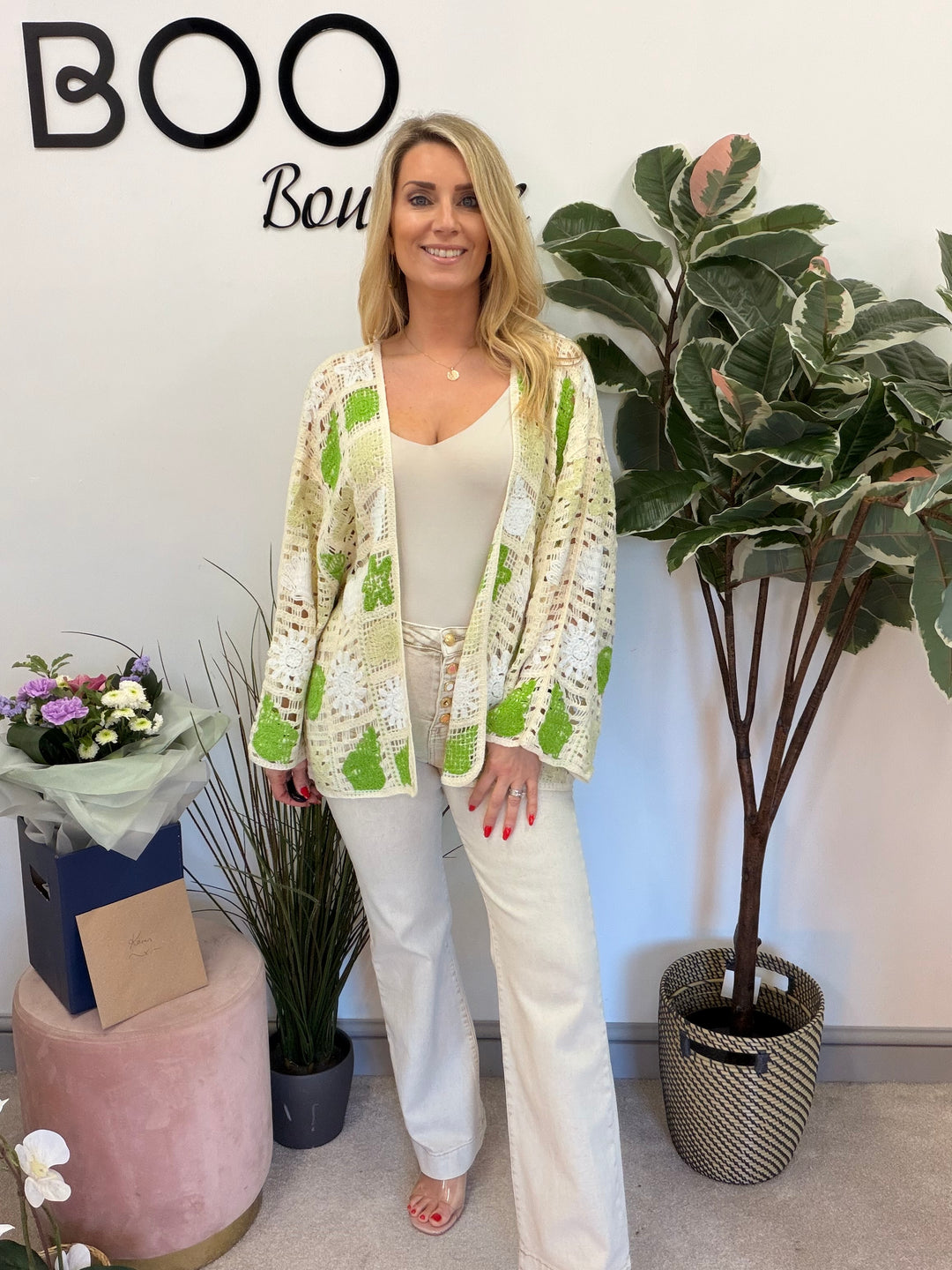 Ladies Fashion Beige Crochet Bolero Cardigan - pink, green & blue