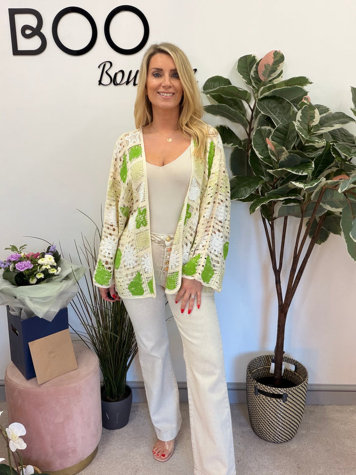 Ladies Fashion Beige Crochet Bolero Cardigan - pink, green & blue