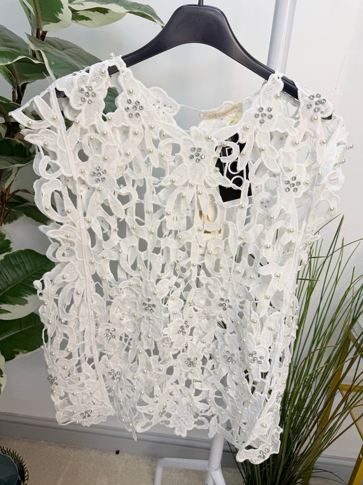Women’s Crochet Pearl & Diamanté Top - Black, White, Wine, Brown 