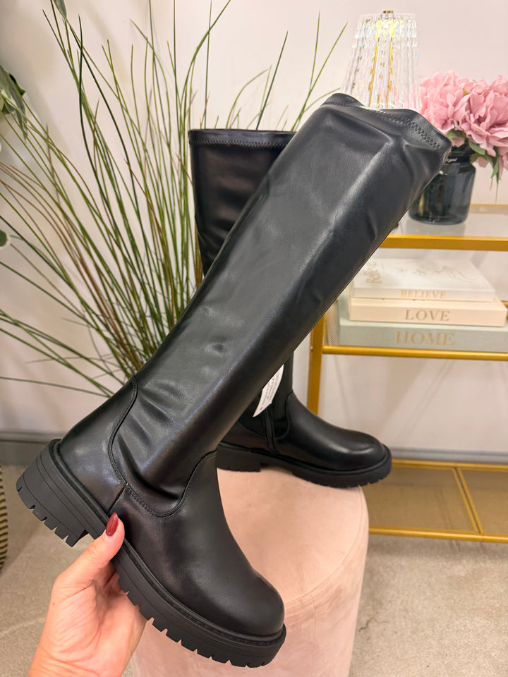 The NICOLA black flat pu stretch calf knee high boots