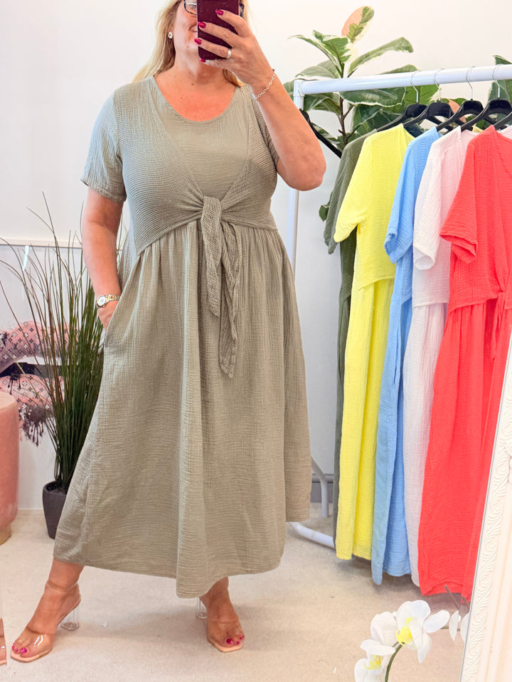 Ladies Cheesecloth Summer Midi Dress - Lemon, Khaki, Coral, White, Lemon, Blue
