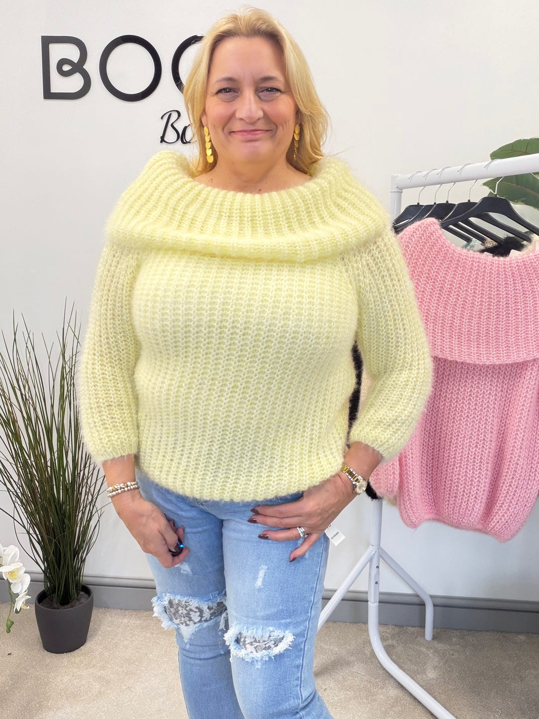 LADIES FLUFFY KNIT BARDOT JUMPER - MINT, BLACK, CREAM, PINK, LEMON & MOCHA