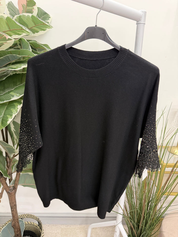 Ladies Diamante & Lace Short Sleeve Jumper - Black, Cream & Red