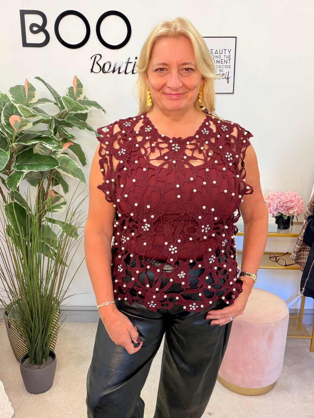 Women’s Crochet Pearl & Diamanté Top - Black, White, Wine, Brown 
