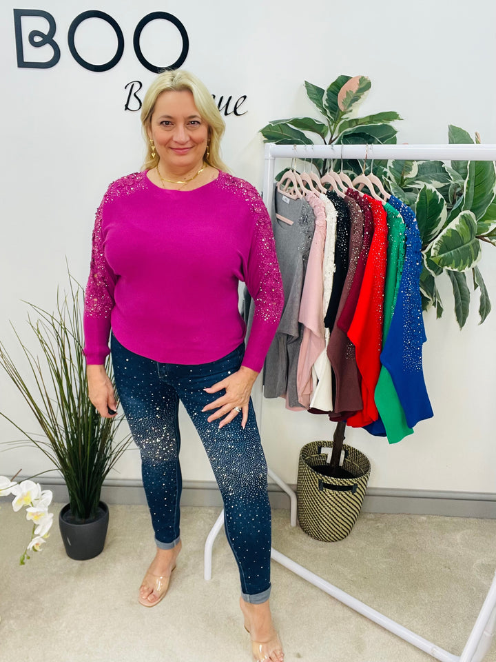 LADIES DIAMANTE SLEEVE BATWING JUMPER MAUVE