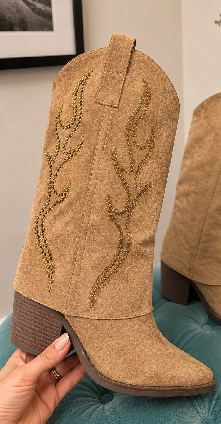 Camel Faux Suede Cowboy Boots ( 10198 )