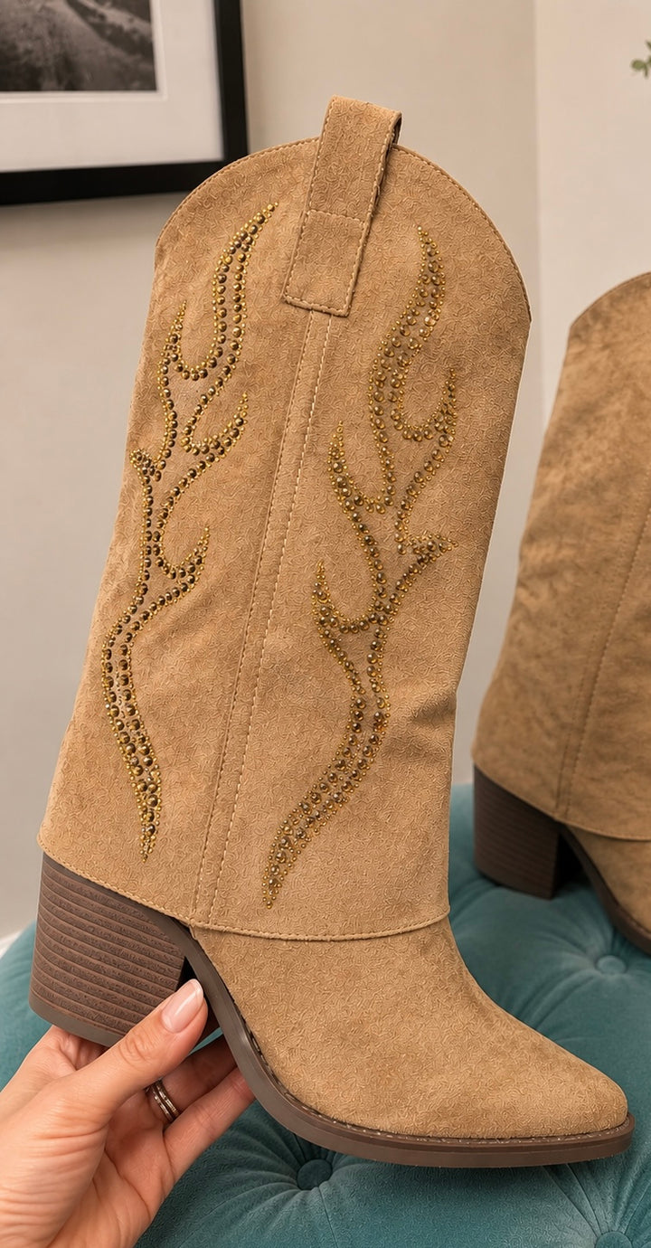 Camel Faux Suede Cowboy Boots ( 10198 )