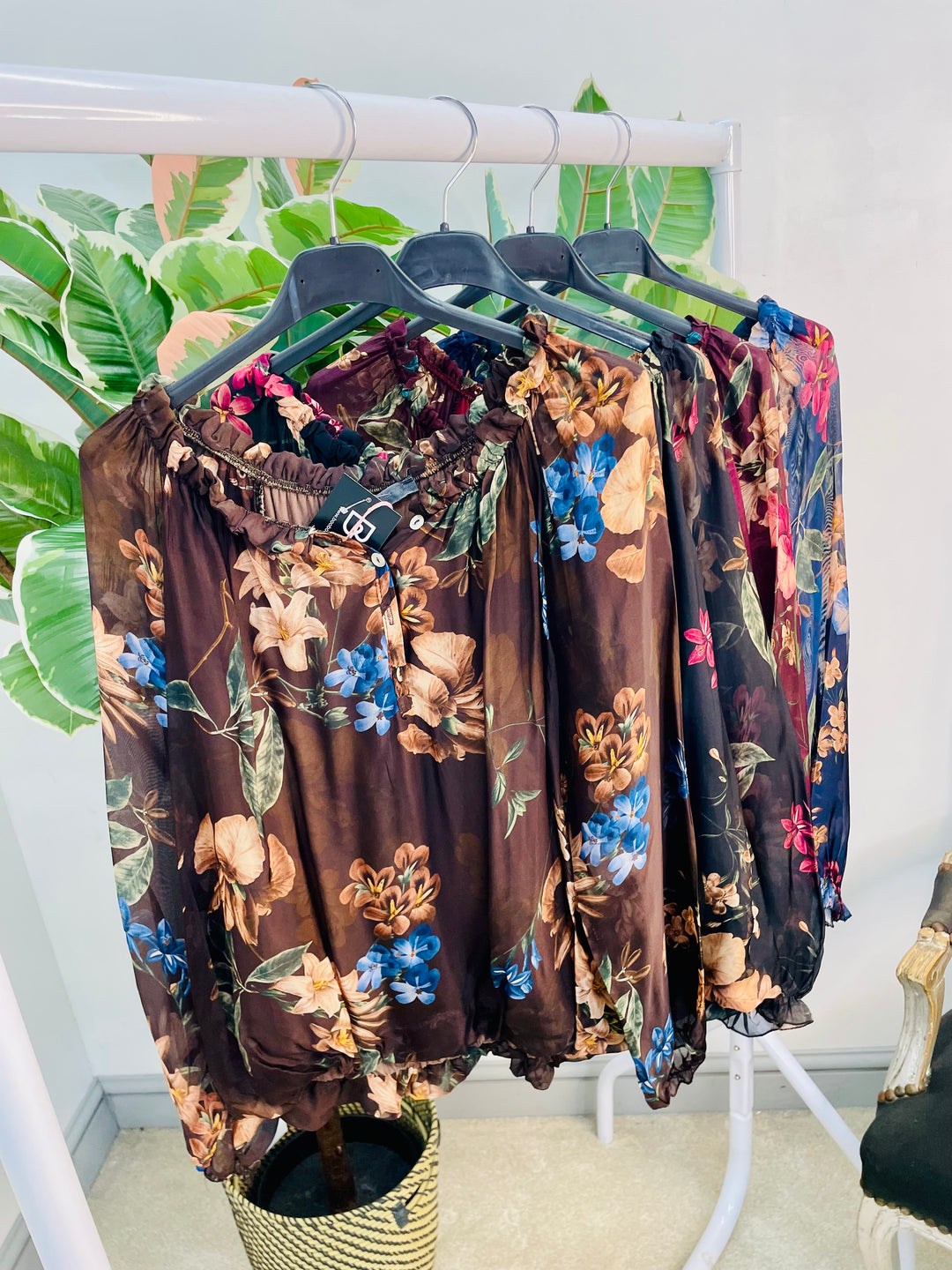 LADIES CHIFFON FLORAL PRINT BLOUSE - BROWN, NAVY, BLACK & WINE BURGUNDY