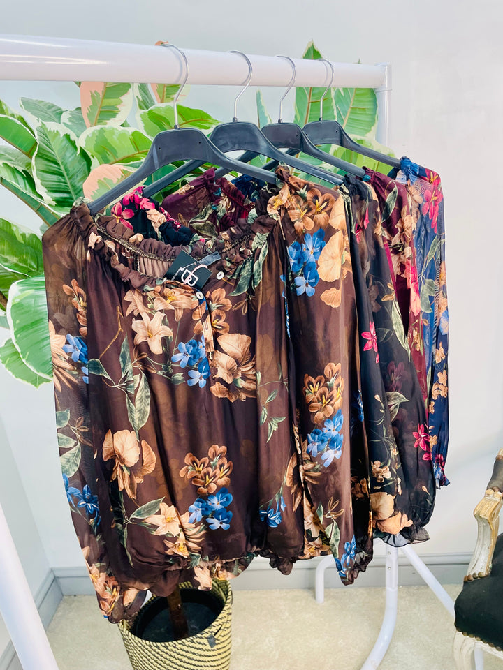 LADIES CHIFFON FLORAL PRINT BLOUSE - BROWN, NAVY, BLACK & WINE BURGUNDY