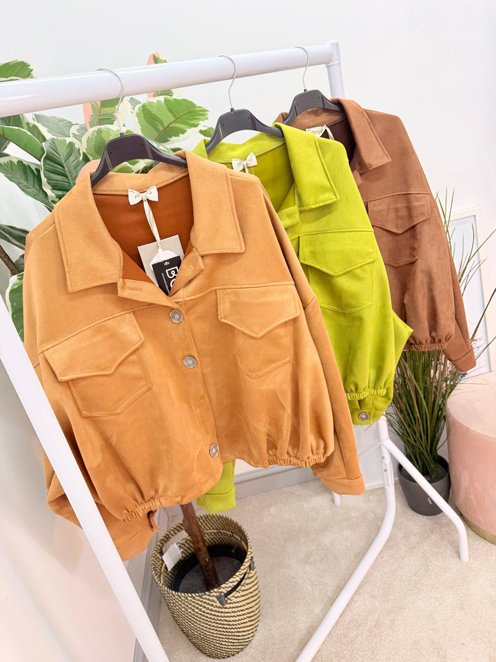 Ladies Fashion Faux Suede Bomber Jacket - camel, brown & lime