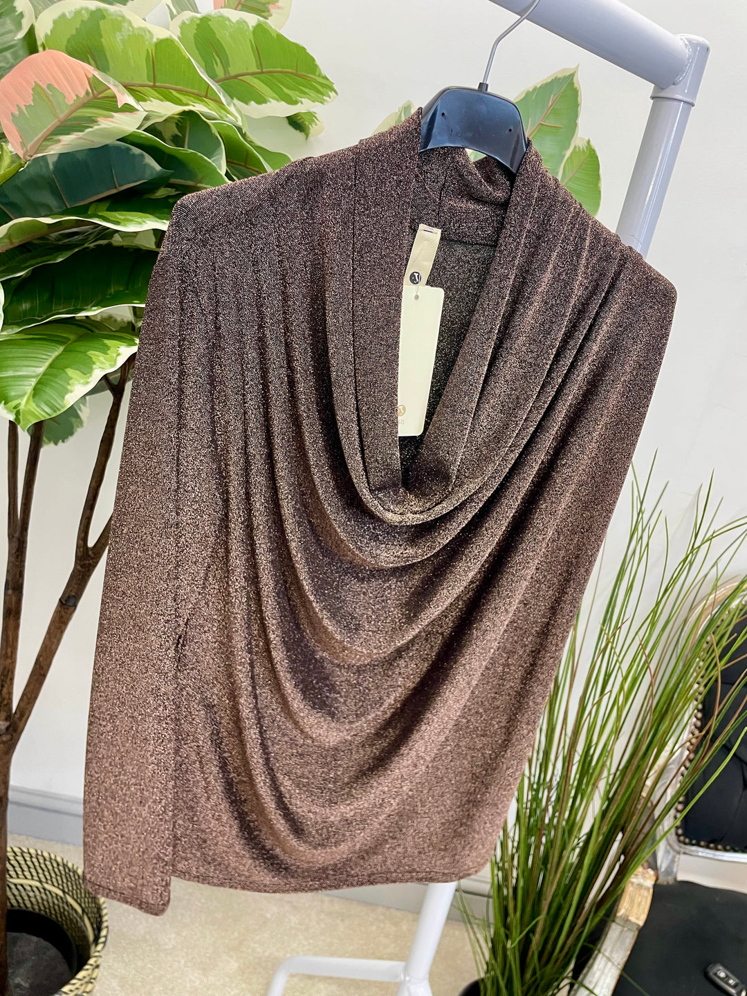 LADIES LUREX COWL NECK TOP - BLACK & BROWN