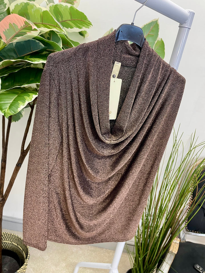 LADIES LUREX COWL NECK TOP - BLACK & BROWN
