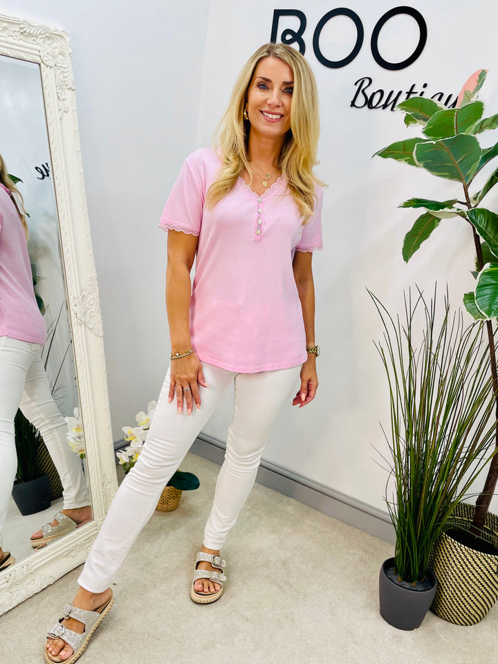 LADIES LACE EDGE STRETCH RIBBED T SHIRT WHITE, LEMON, PINK, BLUE & TAUPE