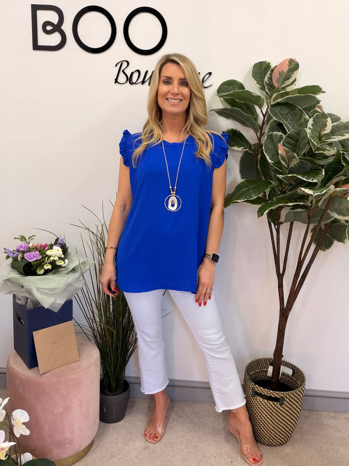 Ladies Fashion Frill Cap Sleeve Top royal blue