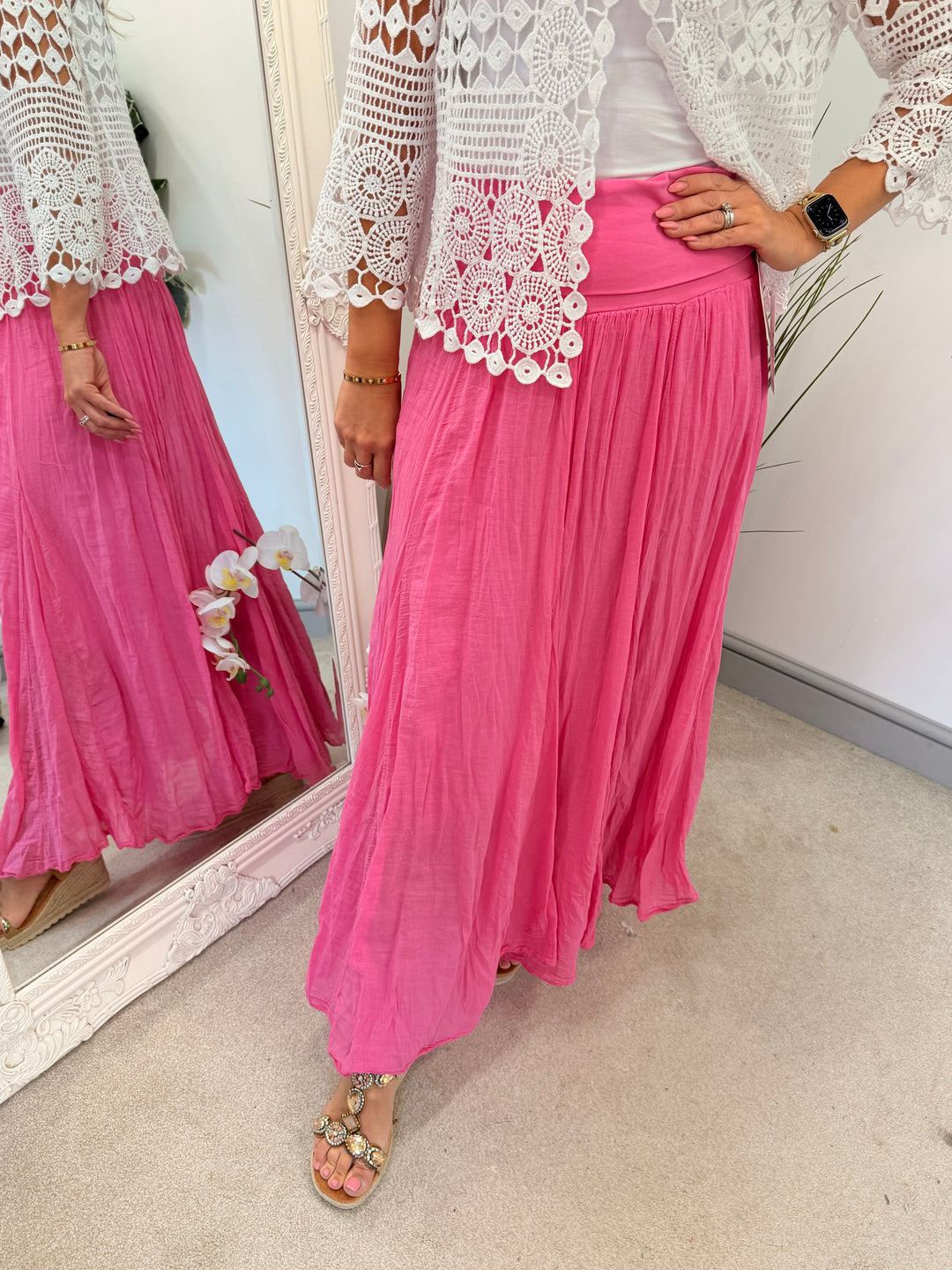 Ladies Fashion Crinkle Boho Maxi Skirt - Brown, White, Pink & Blue