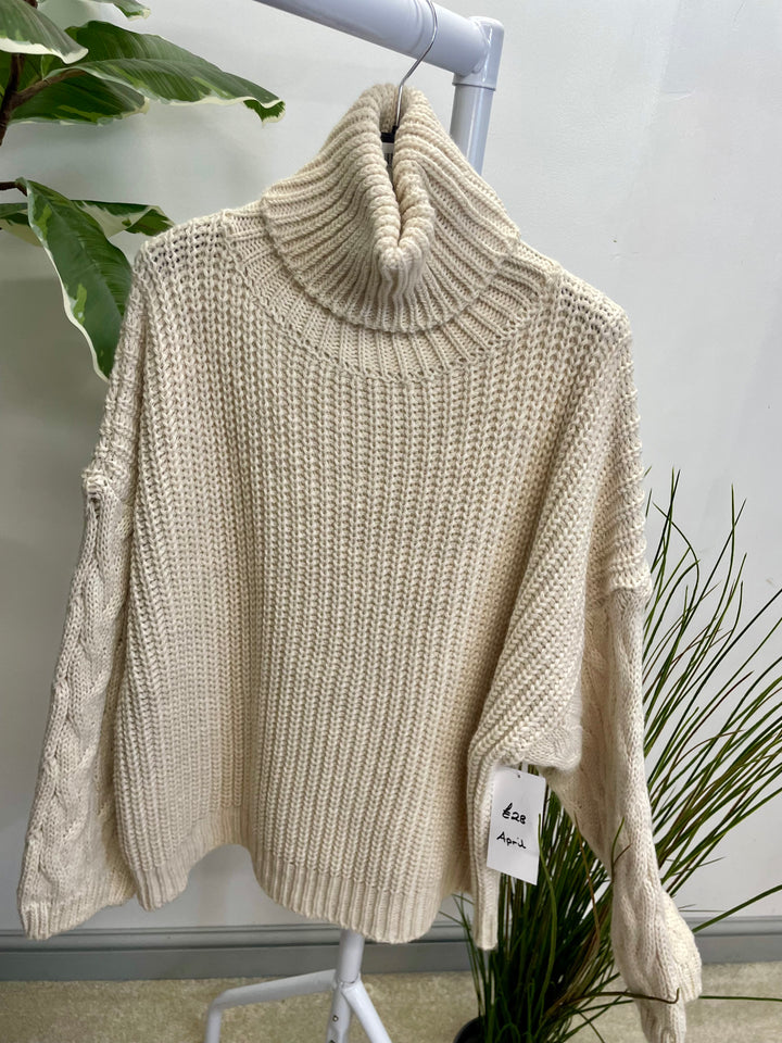 LADIES FISHERMANS CHUNKY KNIT ROLL NECK JUMPER - CREAM, MOCHA, BLACK