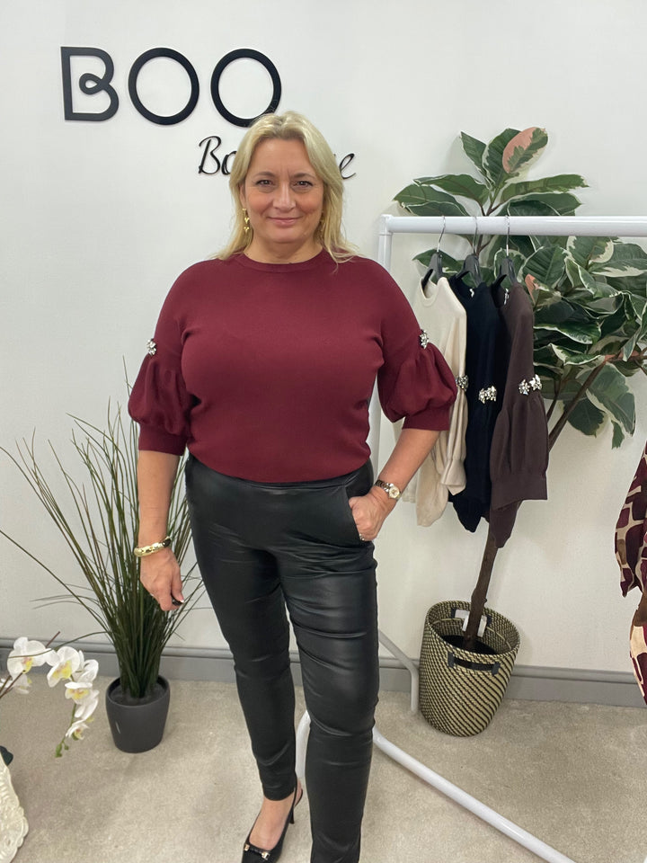 LADIES SOFT KNIT PUFF SLEEVE DIAMANTE JUMPER - BLACK, BURGUNDY, BEIGE & BROWN