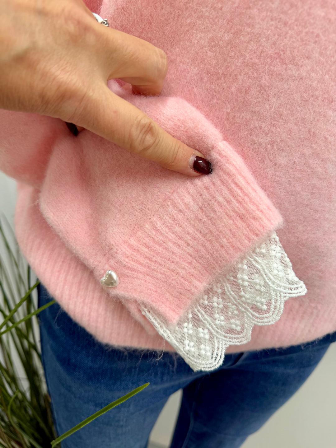 LADIES SOFT KNIT LACE CUFF JUMPER - BLUE, PINK & BEIGE